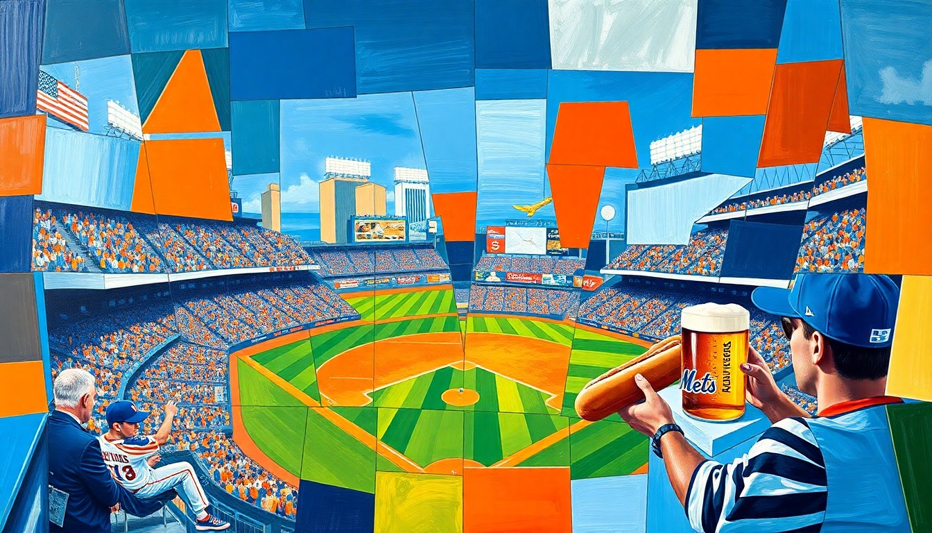 A fragmented, geometric painting in bold blues, oranges, and whites, depicting the various elements of the 999 Challenge - hot dogs, beers, and a baseball game - in an abstract, deconstructed style that conveys the disappointment and lack of cohesion of the event.