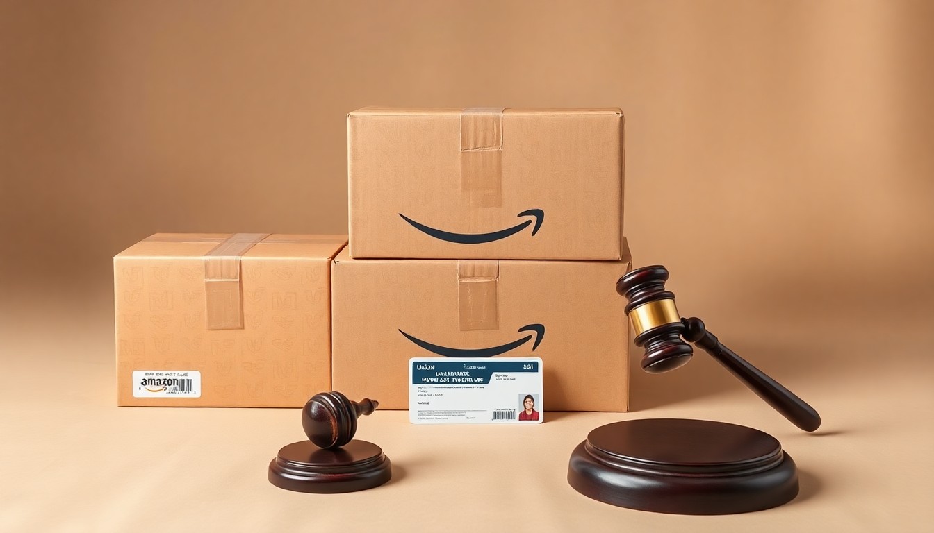 A minimalist studio still life featuring a stack of Amazon shipping boxes, a union membership card, and a gavel on a clean, monochromatic background, conceptually representing the power dynamics at play in the labor dispute between Amazon and the Teamsters union.