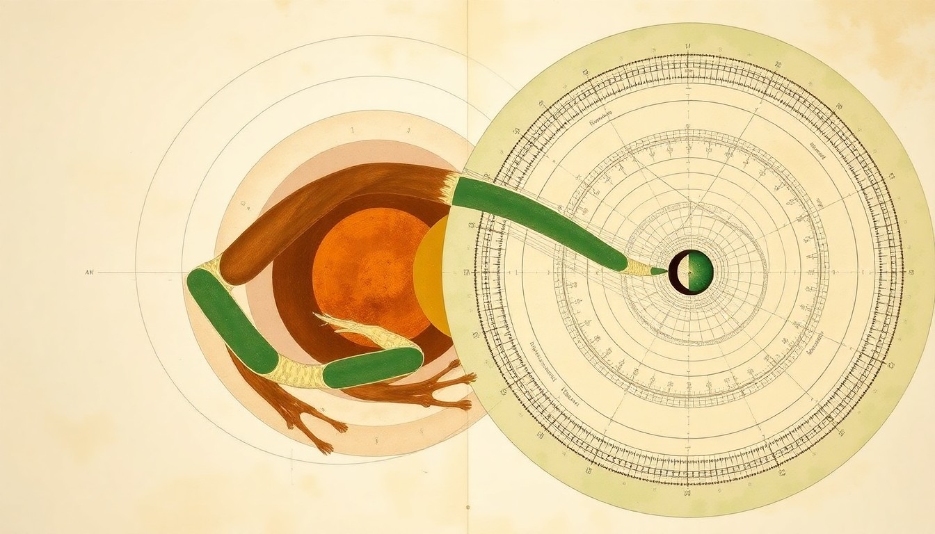 A bold, abstract painting in earthy tones of green, brown, and ochre, featuring sweeping geometric arcs, concentric circles, and precise botanical spirals, conceptually representing the complex taxonomic connections between two poison frog species.