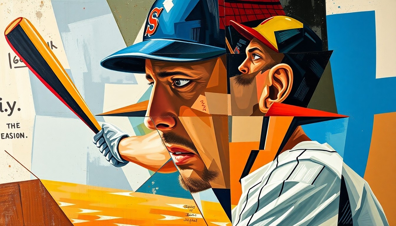 A cubist-style painting depicting a baseball player's defensive skills and competitive spirit through a fractured, multi-perspective composition of sharp, overlapping geometric shapes and planes.