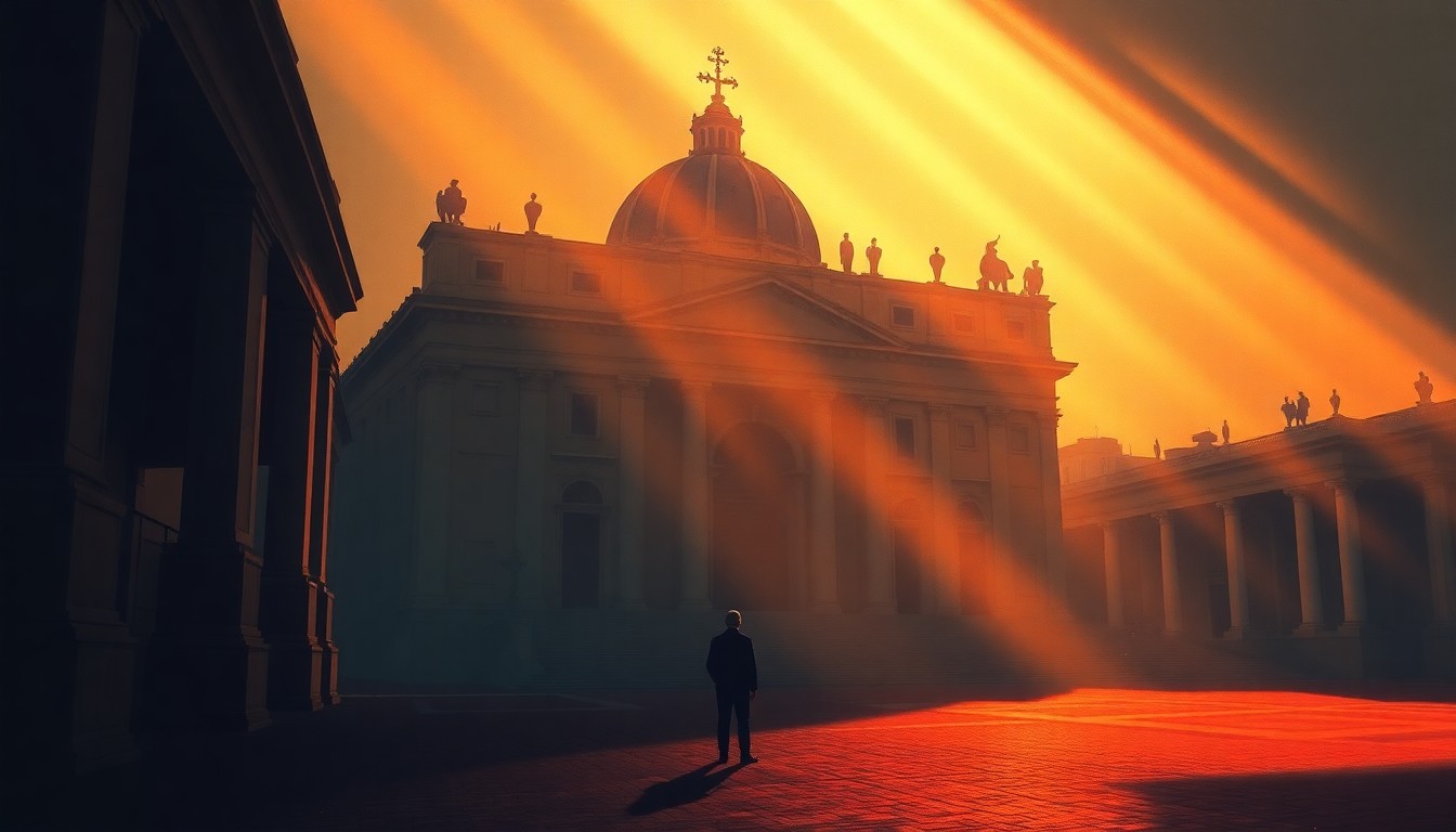 A serene, cinematic painting of the exterior of the Vatican, with a lone figure standing in the foreground, the building bathed in warm, diagonal sunlight and deep shadows, conveying a sense of contemplation and unease.