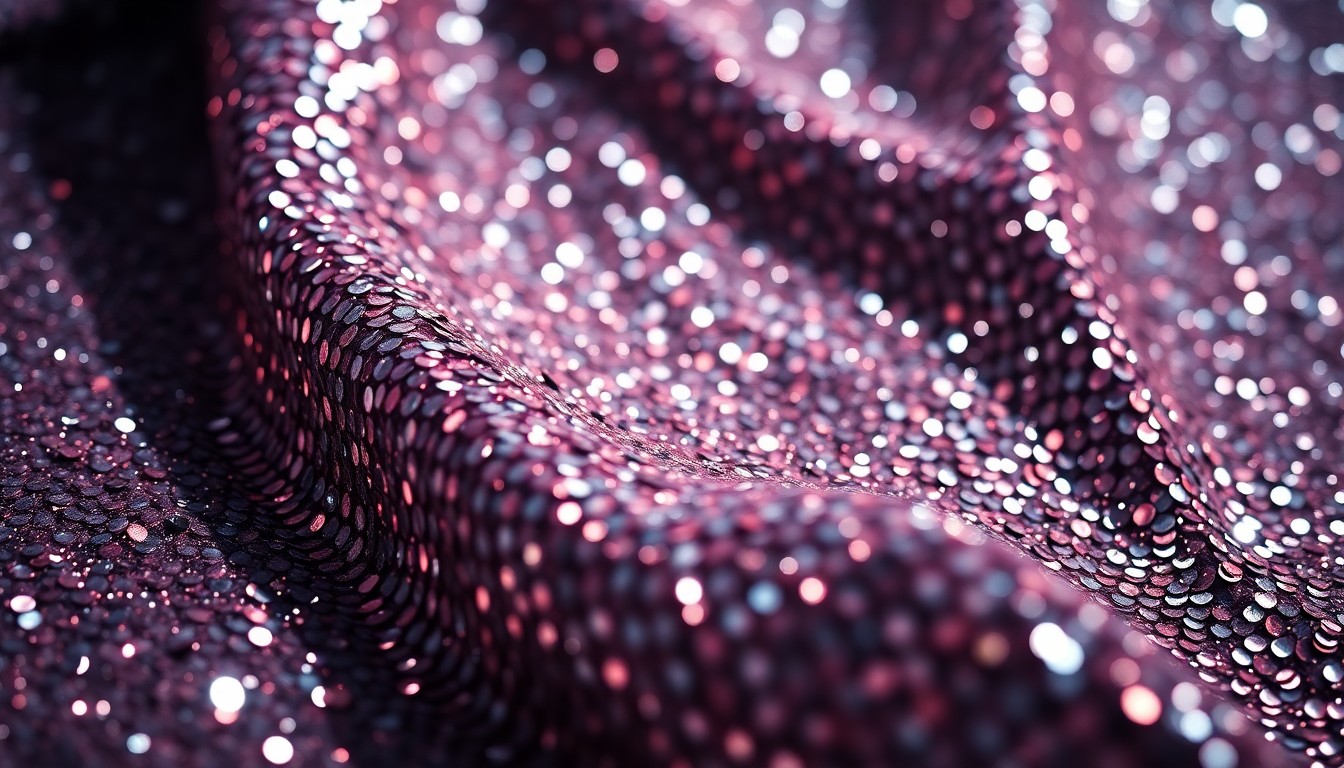 An extreme close-up of glittering, high-contrast textures evoking the glamour and excitement of the Oscars red carpet, using dramatic studio lighting to create a high-fashion aesthetic.