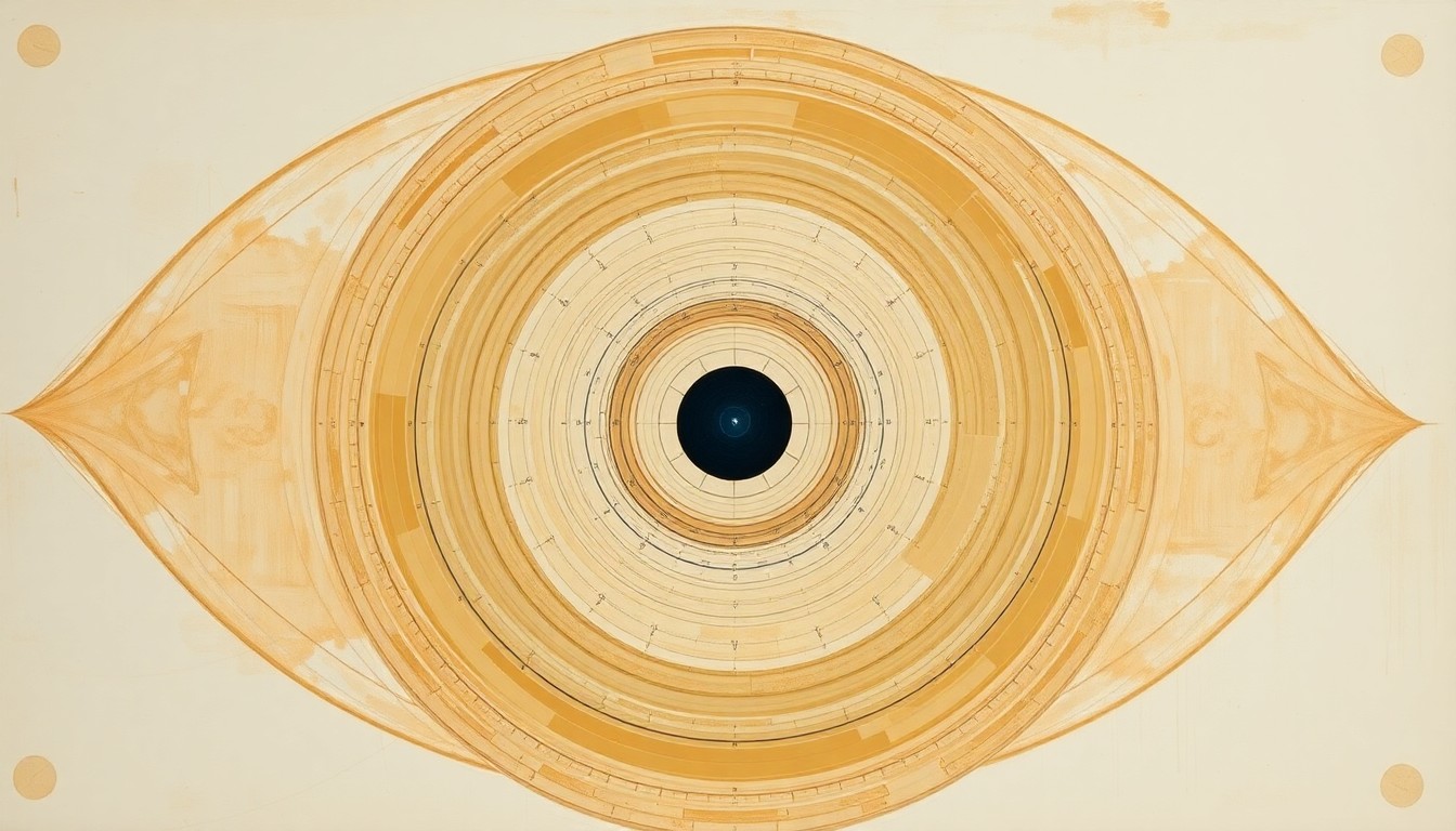 A bold, abstract painting featuring sweeping geometric arcs, concentric circles, and precise spirals in earthy tones, conceptually representing the complex communication technology of the Orion Artemis II Optical Communications System.