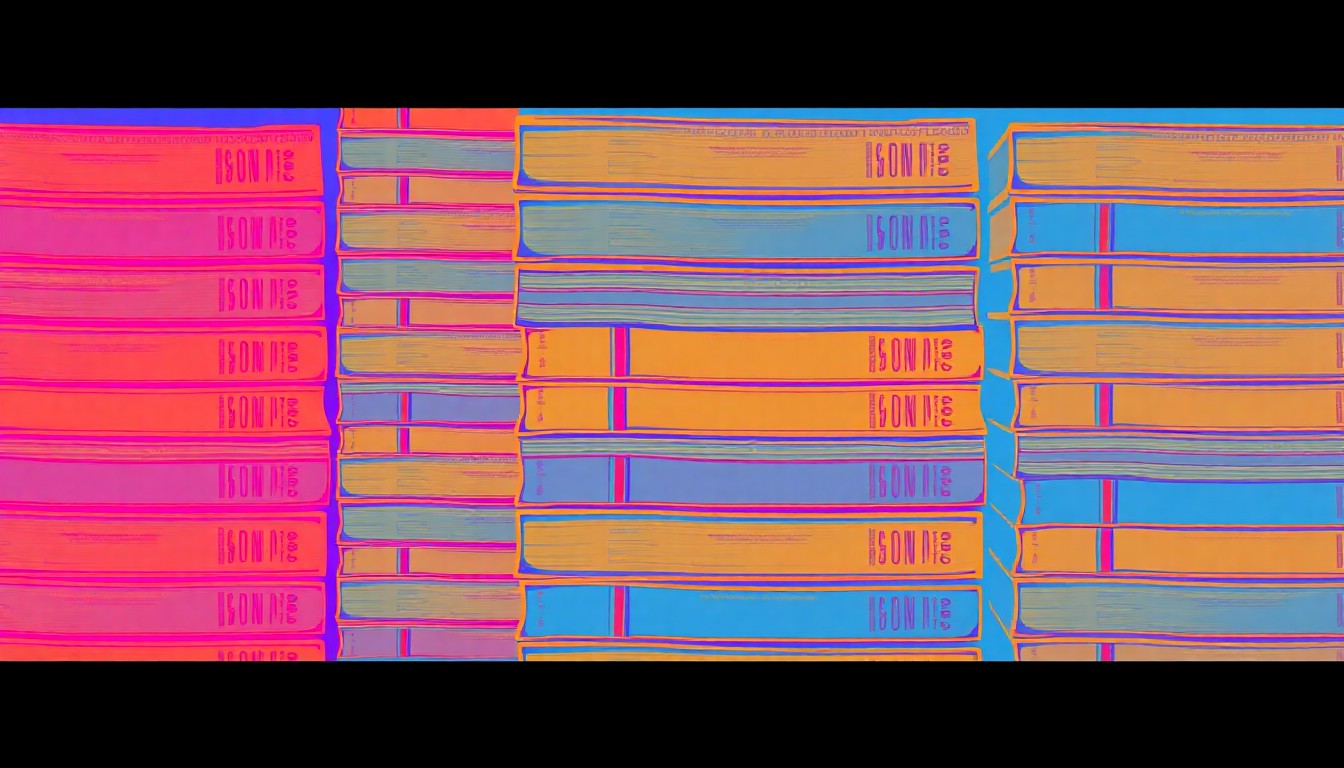 A bold, colorful silkscreen print featuring a repeating grid of stacked books in neon shades of pink, orange, and blue, conceptually representing the energy and enthusiasm of book club culture.
