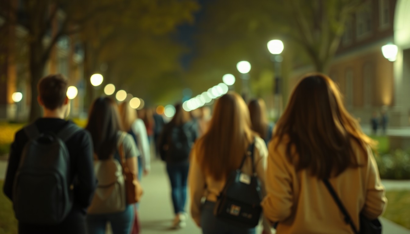An abstract, out-of-focus photograph depicting a group of college students walking together at night, their faces and forms blurred into soft pools of warm color and light, conveying a sense of community and determination to address the issue of sexual assault on campus.