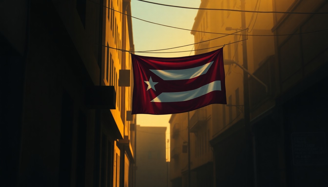 A cinematic painting of a Cuban flag hanging alone on a dimly lit urban street, the warm sunlight casting deep shadows across the scene, conveying a sense of melancholy and resilience.