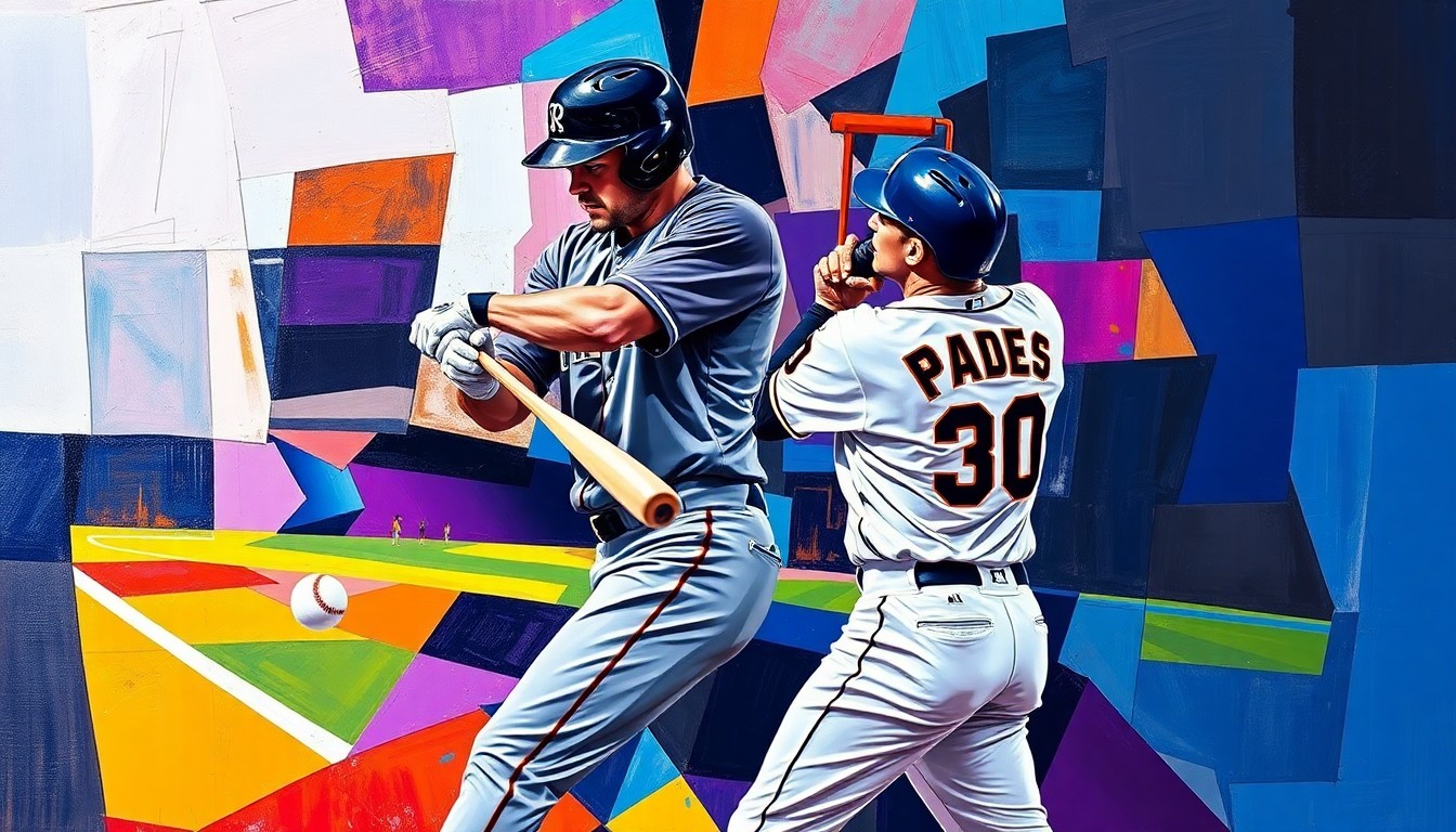A cubist-style painting depicting a baseball player being hit by a pitch, with the action broken down into sharp, overlapping geometric shapes and planes in vibrant colors.