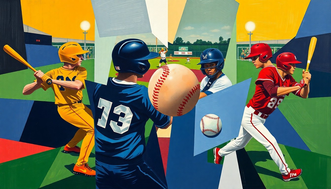 A fragmented, geometric painting depicting the chaotic movements and competing perspectives of a high school baseball game, with players, bats, and baseballs in the team colors of the two schools.
