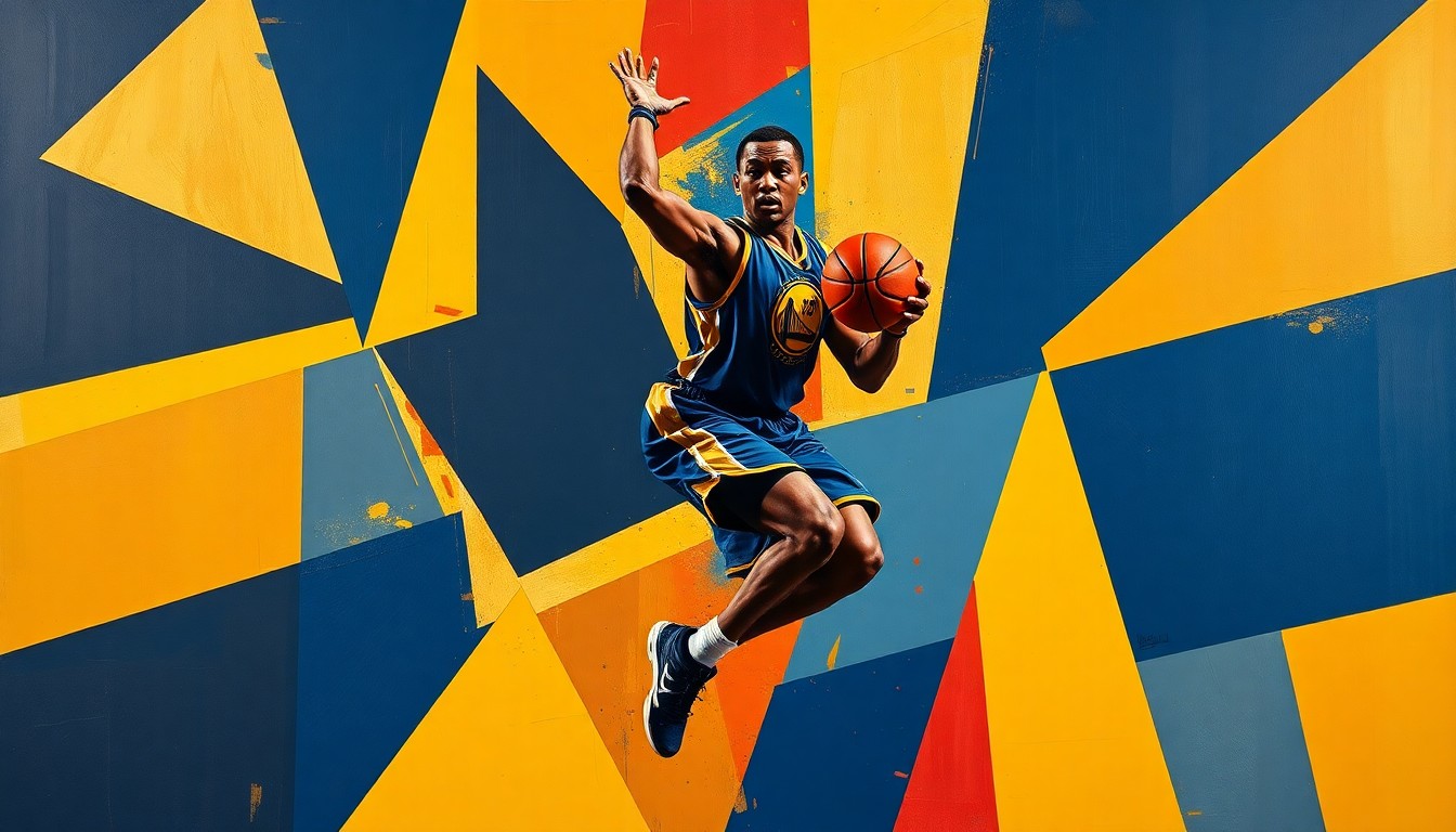 A fragmented, geometric painting depicting a basketball player's movements broken down into sharp, overlapping planes of navy, gold, and crimson, conveying the energy and skill of the sport.