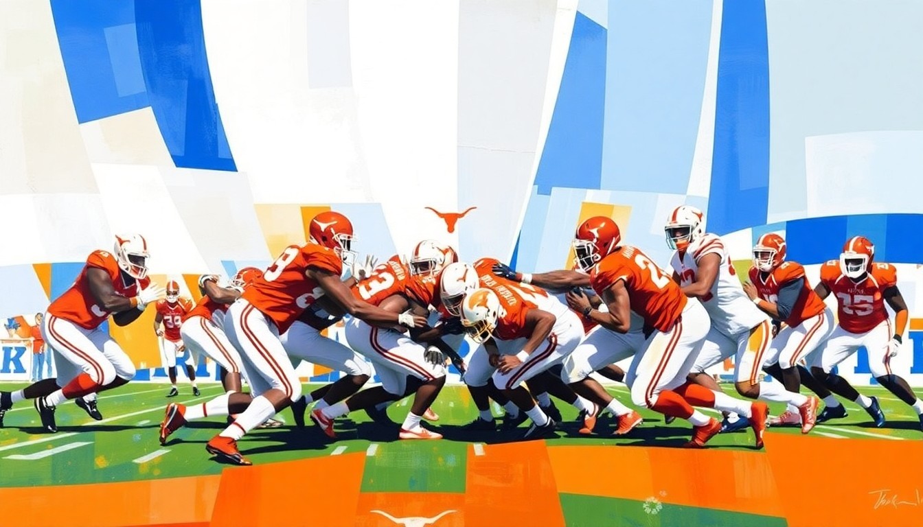 A fractured, geometric painting depicting a college football defensive play, with sharp planes of burnt orange, royal blue, and white representing the University of Texas Longhorns.
