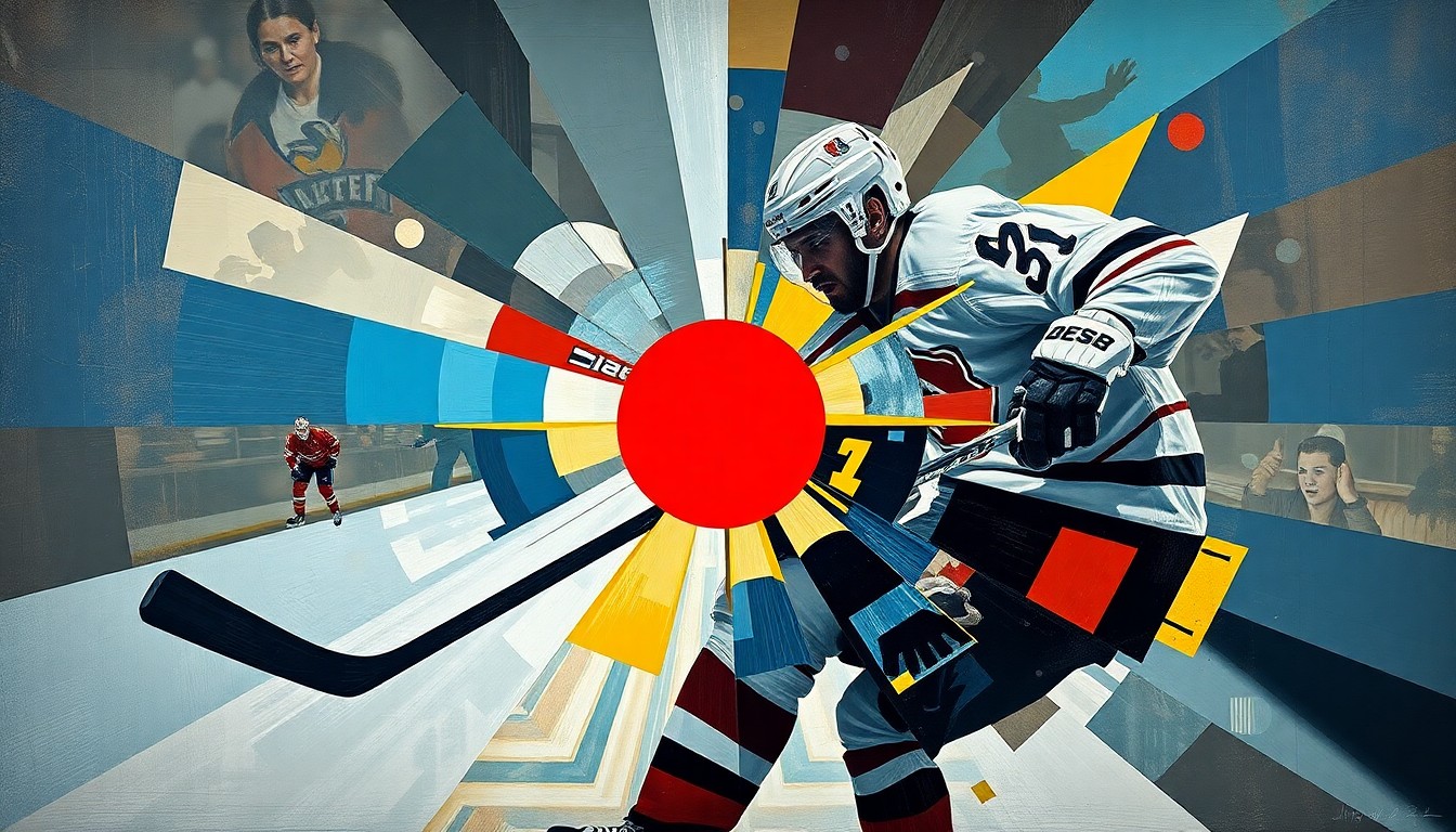 A cubist, geometric painting depicting a hockey player taking a powerful slap shot, with the puck as a bright red sphere cutting through the fragmented, overlapping planes of the composition.