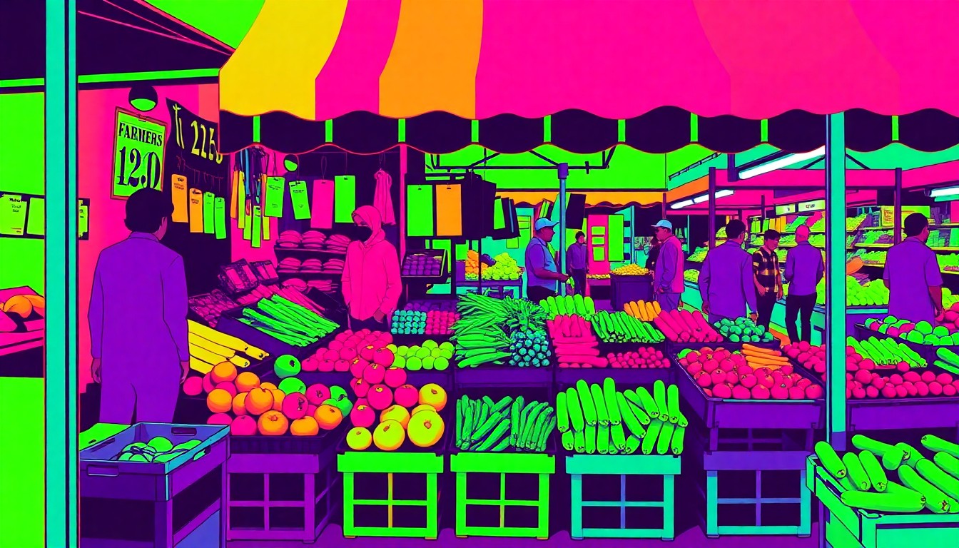 A highly stylized, silkscreen-inspired illustration featuring a repeating grid of colorful, abstracted farmers market stalls selling fresh produce, conceptually representing the vibrant community spirit of Lincoln, Nebraska.