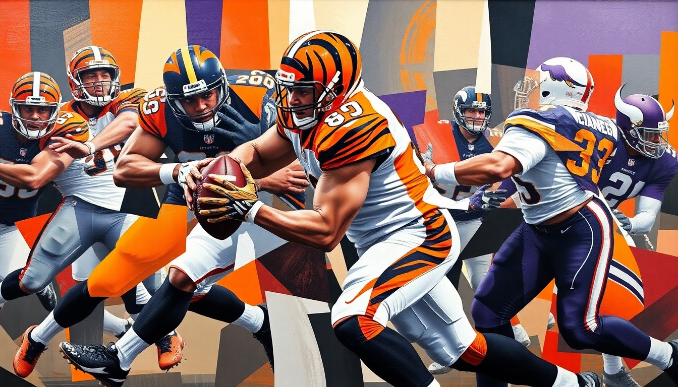 A fragmented, cubist-style painting depicting a defensive lineman's pass rush move, with sharp geometric shapes and planes in the Bengals' team colors of orange, black, and white.