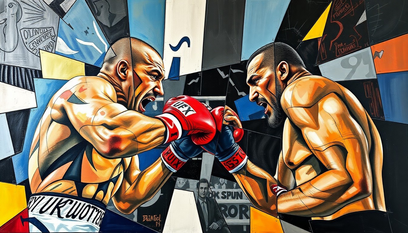 A cubist, geometric painting depicting a heavyweight boxing match between two fighters, their forms fractured and abstracted into sharp, overlapping planes of color and shape.