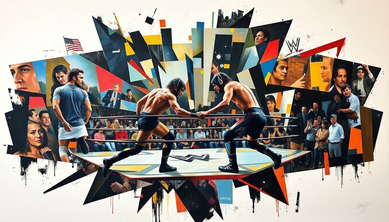 A cubist, geometric painting in shades of blue, red, and yellow, depicting a wrestling match or competition broken down into sharp, overlapping planes, conveying the raw energy and tension of the sport.