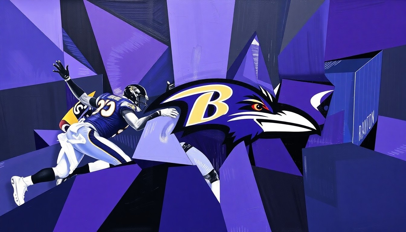 A cubist, geometric painting depicting a fragmented Ravens defensive play, with sharp, overlapping shapes in the team's colors of purple and black, conveying a sense of intensity and renewed focus on the defensive side of the game.