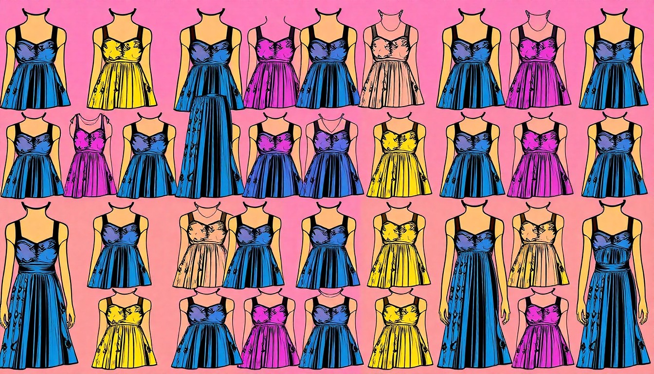 A high-contrast, neon-colored silkscreen print of a single spring dress design, repeated in a grid pattern with bold black outlines, creating a modern pop art interpretation of seasonal fashion.