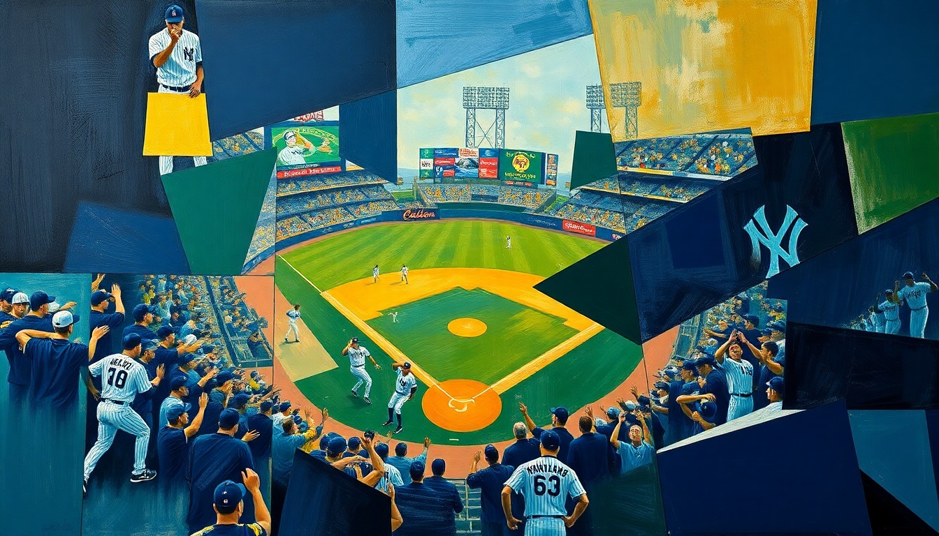 A fractured, cubist-style painting depicting a baseball game or Yankees celebration, with sharp geometric shapes in navy, green, and gold overlapping to create a dynamic, multi-perspective visual.