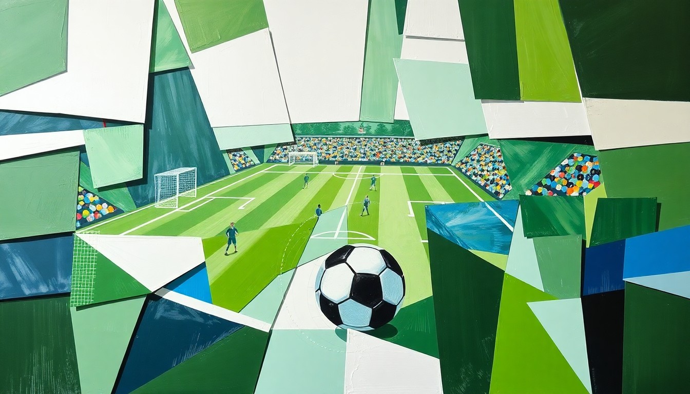 A cubist, geometric painting depicting the chaotic action of a high school soccer championship match, with overlapping planes of green, white, and blue representing the players, field, and crowd.