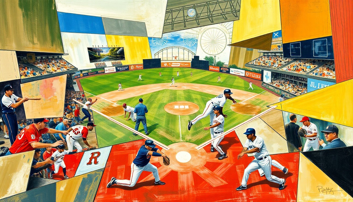 A cubist, geometric painting depicting a baseball player in motion, with their body and the field of play broken down into sharp, overlapping planes of color and shape.