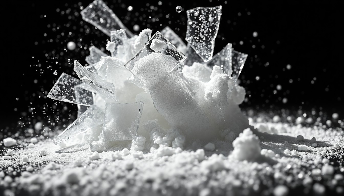 An extreme close-up photograph of shattered glass and glittering cocaine powder, captured in dramatic, high-contrast studio lighting to create a glitzy, high-fashion aesthetic that conceptually represents the tragic downfall of a young celebrity.