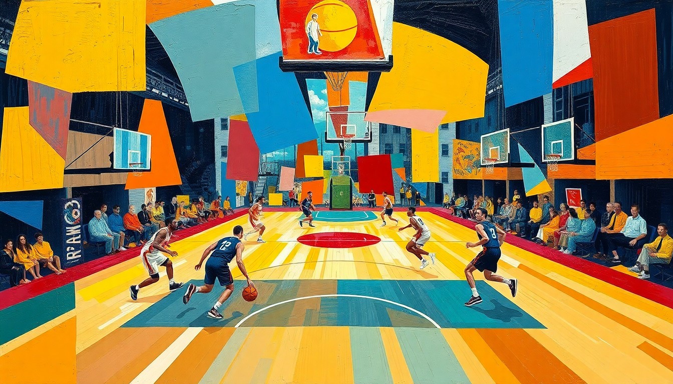 A cubist, geometric painting depicting a basketball game in motion, with the players and court deconstructed into sharp, overlapping planes of color and form, capturing the energy and fluidity of the sport.