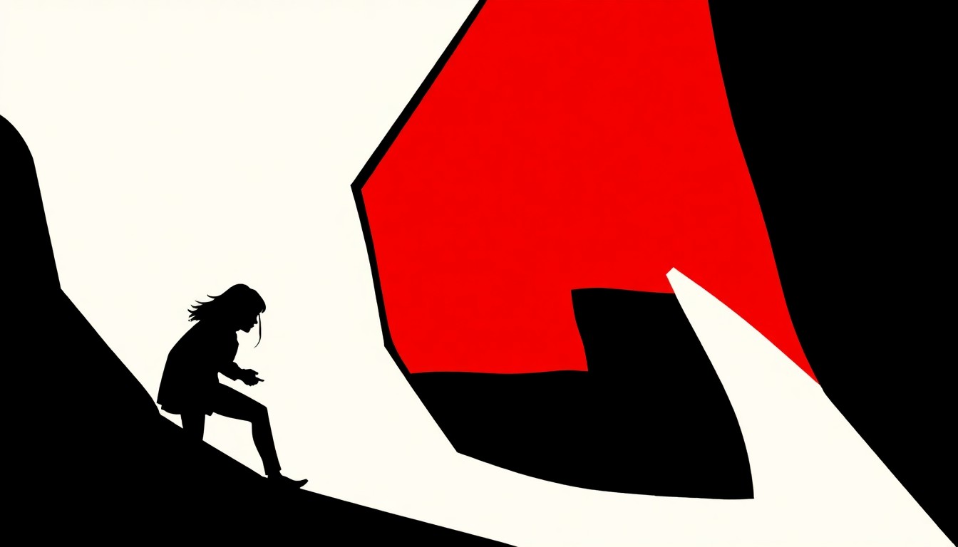 A striking abstract composition featuring bold, jagged geometric shapes in high-contrast red and black, capturing the raw energy and rebellious spirit of Girl Trouble's garage rock revival.