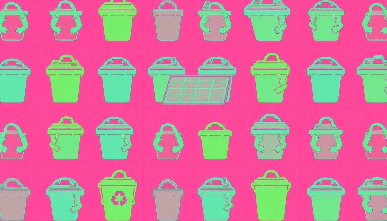 A brightly colored, high-contrast silkscreen print of a recycling bin repeated in a tight grid pattern, conceptually representing the students' demand for greater sustainability efforts at GVSU.