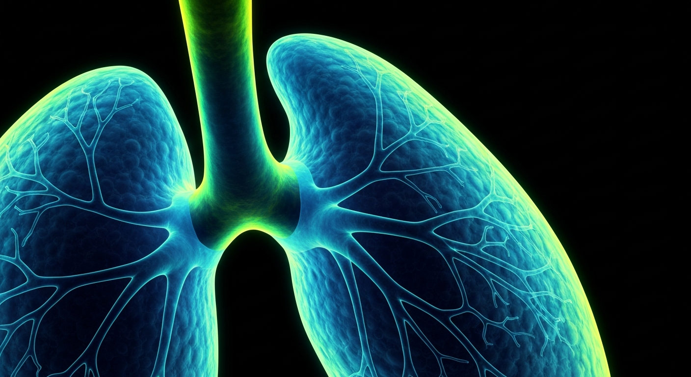 An extreme close-up X-ray photograph showing the delicate, glowing bronchial structures of a human lung against a dark background, conceptually representing the invisible spread of a contagious airborne virus.