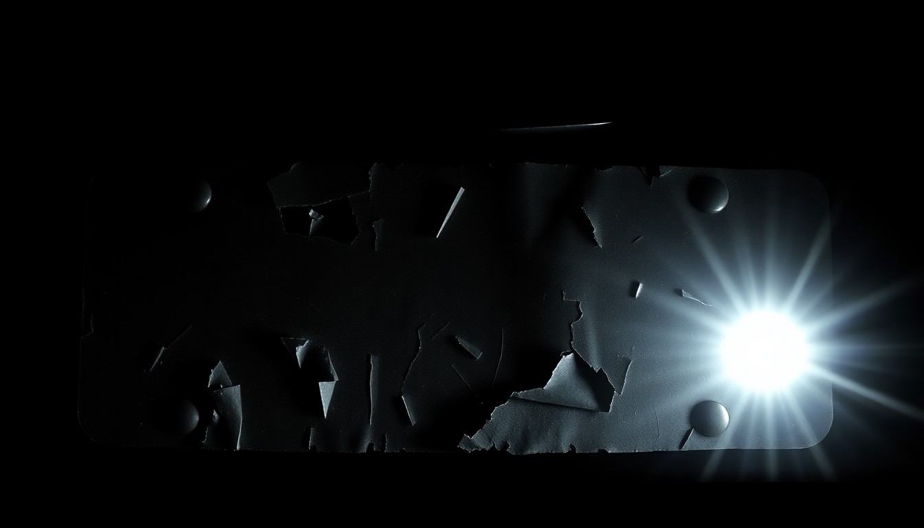An extreme close-up photograph of a damaged car part, such as a crumpled license plate or shattered glass, lit by a harsh, direct camera flash against a pitch-black background, conveying the stark, gritty, and investigative nature of the incident.