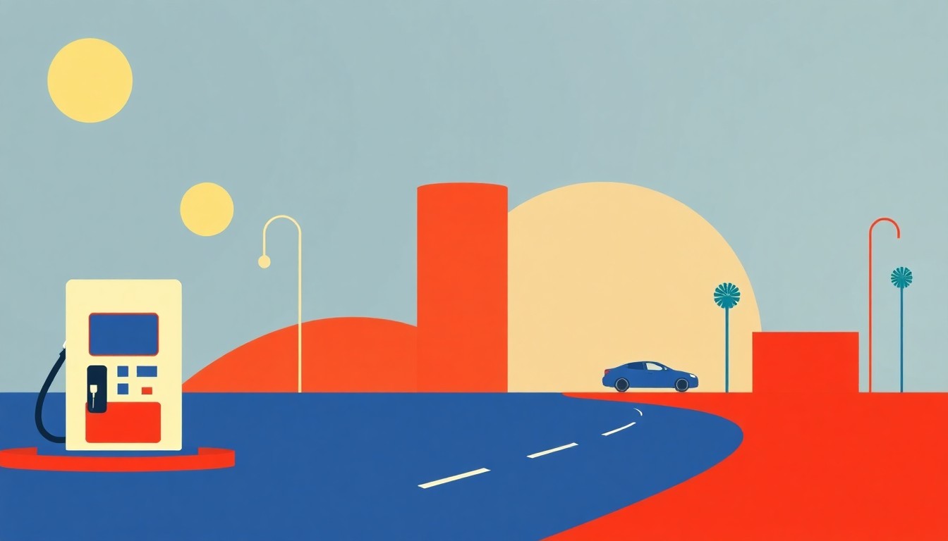 A bold, abstract illustration using simple geometric shapes and primary colors to represent the concept of rising gas prices and the need for sustainable transportation solutions in Los Angeles.