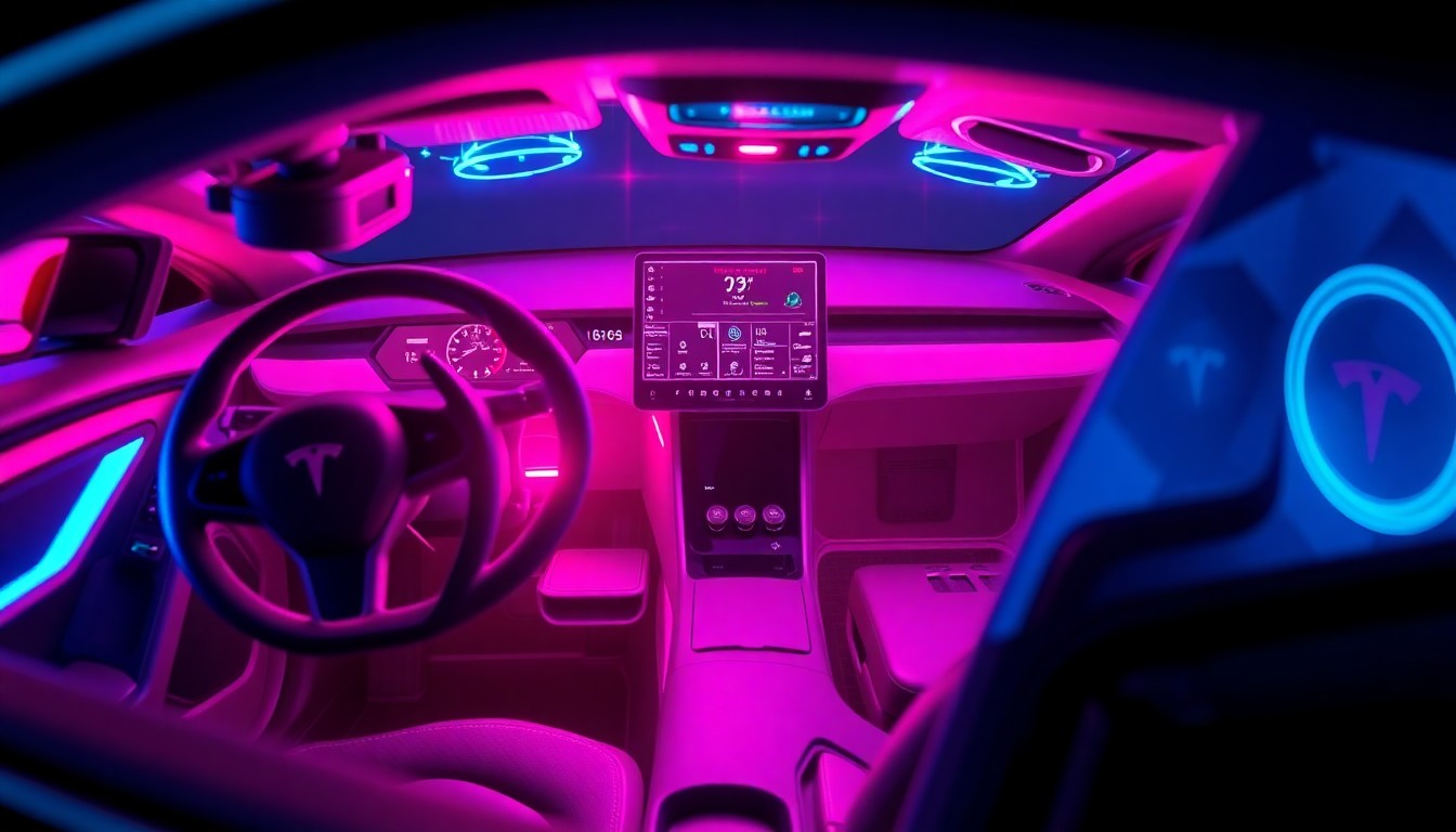 A highly detailed, glowing 3D illustration of the internal components and sensors of a Tesla Model Y electric vehicle, including cameras, radar, and lidar systems, all illuminated by vibrant neon cyan and magenta lights, conceptually representing the advanced technology powering Tesla's latest software update.