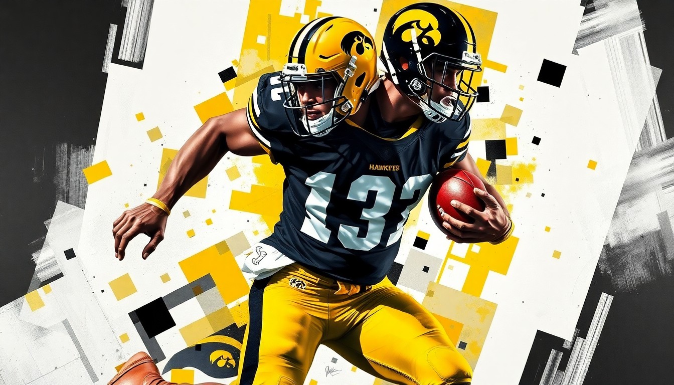 A fragmented, geometric painting depicting the dynamic movements of a football player, with sharp planes of black, gold, and white colors representing the Iowa Hawkeyes' team palette.