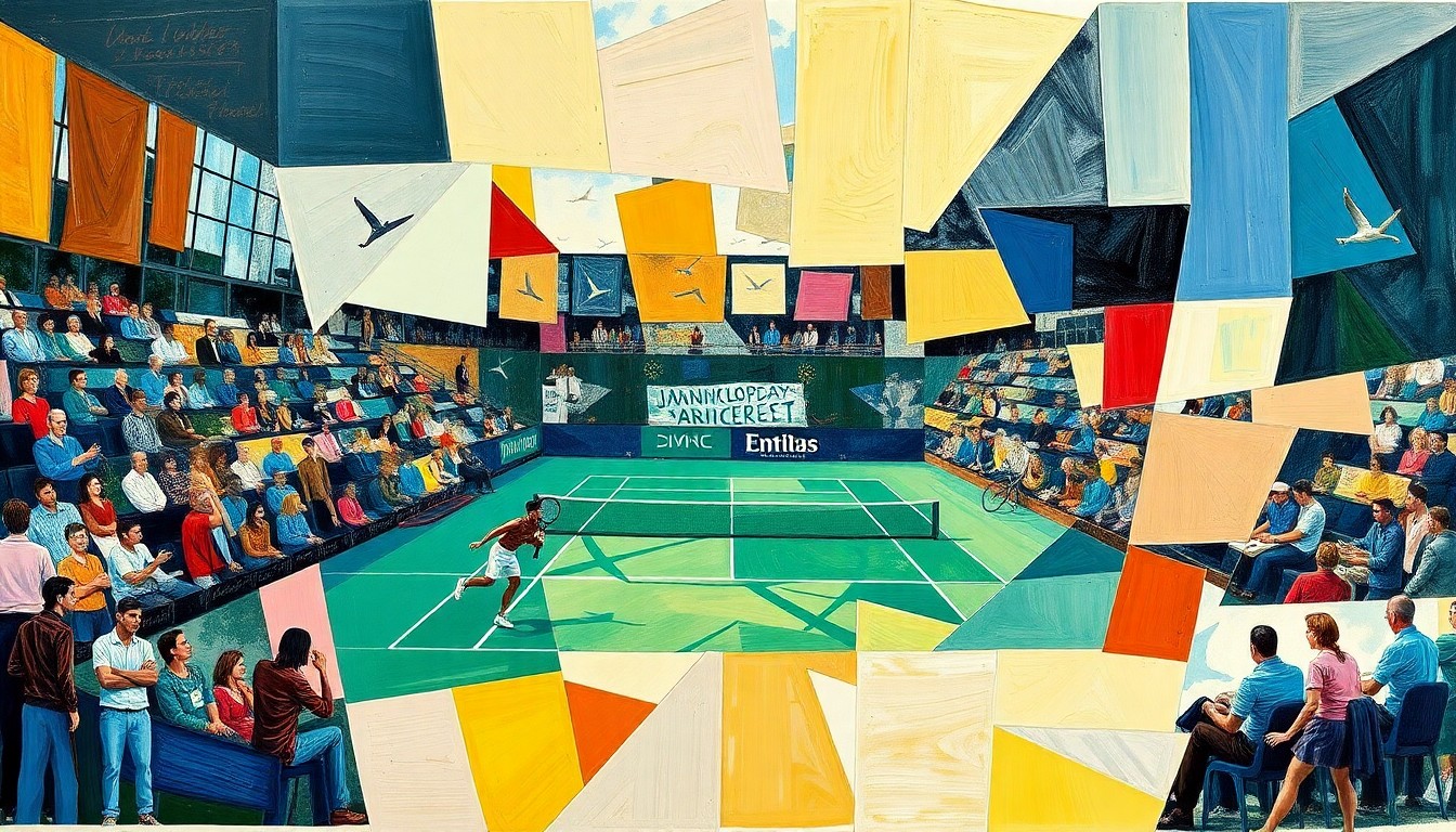 A cubist, geometric painting depicting a tennis match between two players, their forms fragmented and overlapping, conveying the intensity and complexity of high-level competition.