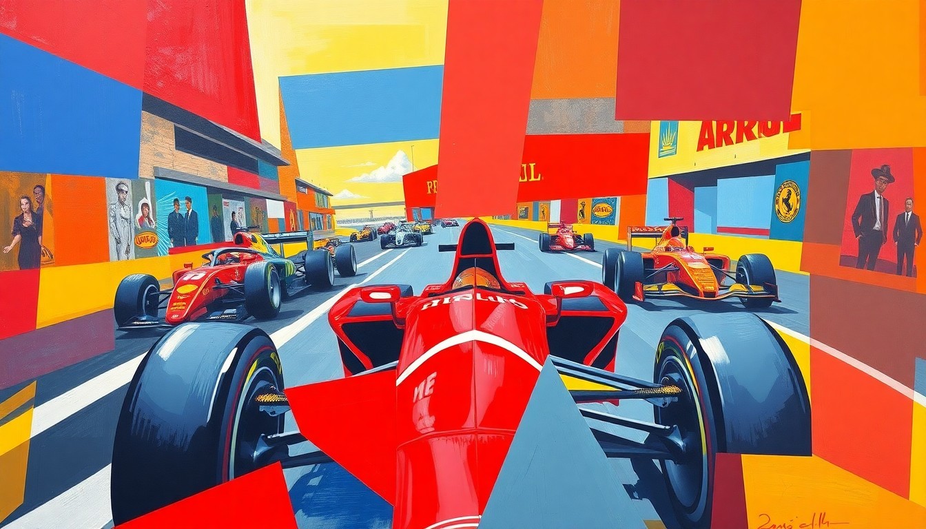 A fragmented, geometric painting in bold primary colors depicting the dynamic action of a Formula 1 race, with the car forms broken down into sharp, overlapping planes to convey the sport's tension between technological precision and human skill.