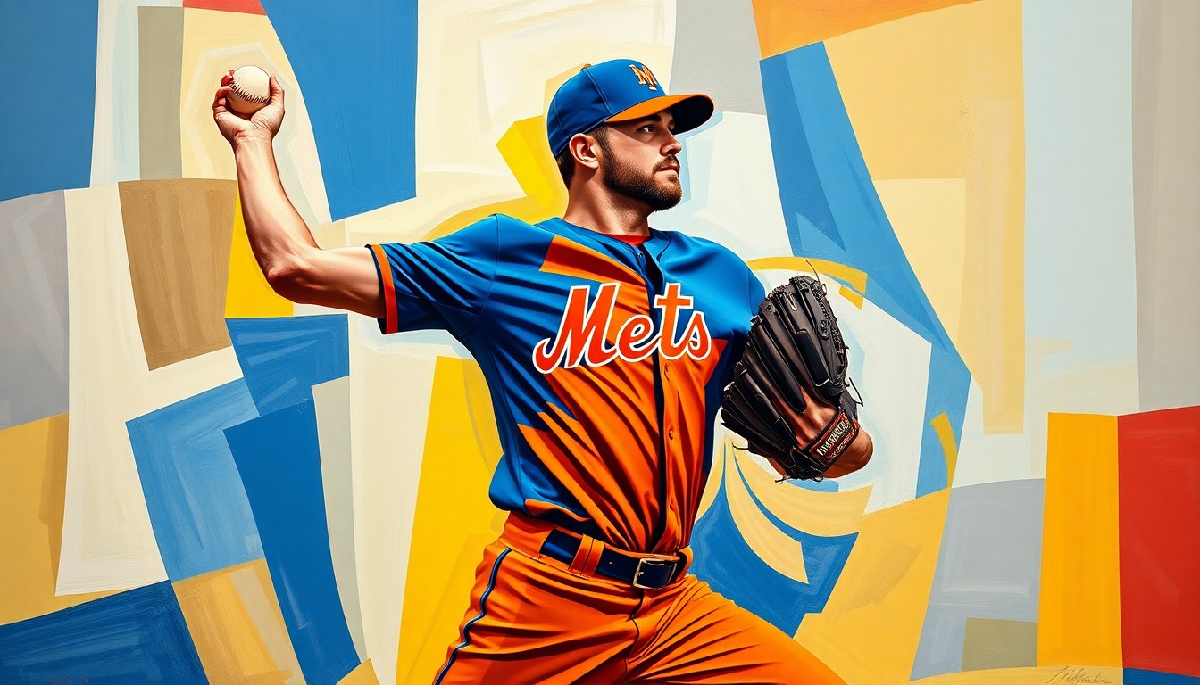 A fractured, multi-perspective painting depicting Tobias Myers' pitching motion, with sharp geometric planes in the Mets' blue and orange colors, capturing the dynamism and energy of his spring training performance.
