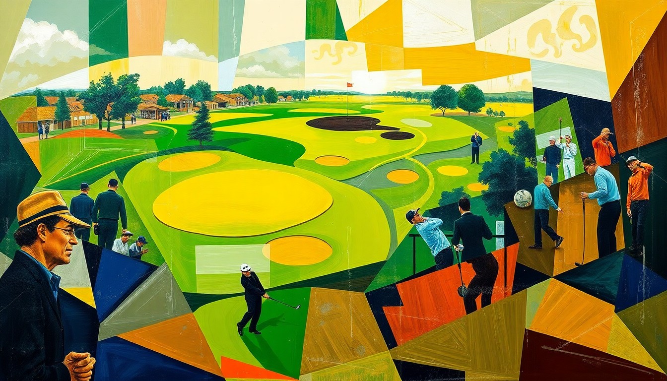 A fractured, multi-perspective painting in vibrant greens, browns, and blues, breaking down a golf tournament scene into sharp, overlapping geometric planes that capture the impact of the weather on the players' movements and the course.