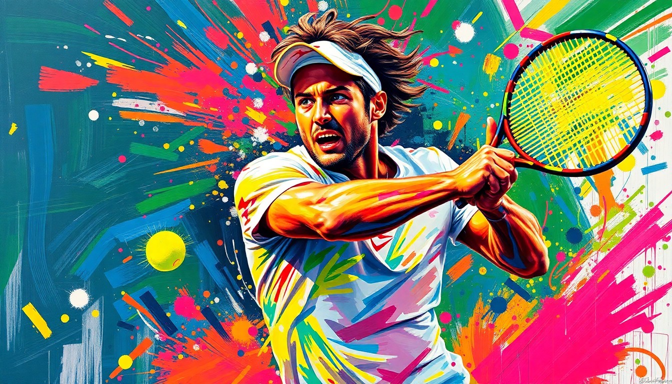 An abstract, expressionist painting in vibrant neon colors depicting the explosive energy and movement of a tennis player mid-swing, with their face and details dissolving into unrecognizable splatters of paint, conceptually representing the raw athletic passion and determination of an athlete's journey.