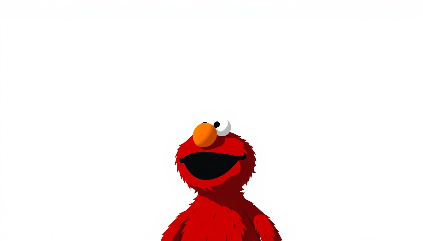 A bold, abstract illustration featuring a striking red and white silhouette of the Tickle Me Elmo toy, rendered in a minimalist, geometric style reminiscent of Saul Bass movie posters, conceptually representing the surprising story behind the toy's creation.