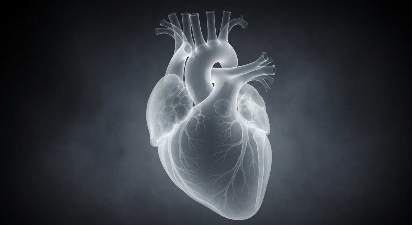 A ghostly, translucent X-ray photograph revealing the intricate internal structure of a human heart, surrounded by a hazy, dark background, conceptually representing the uncertainty and stress faced by those struggling with skyrocketing healthcare costs.