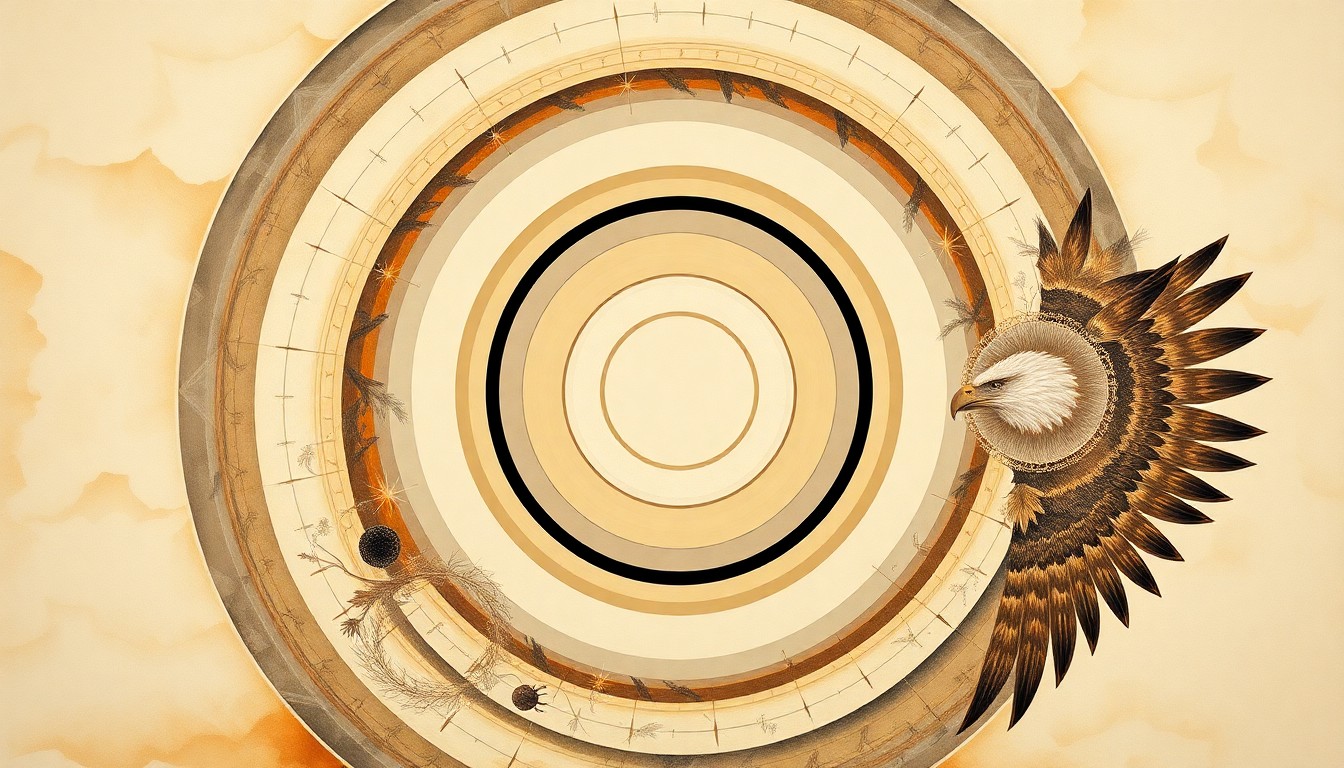 An abstract, geometric painting in muted earth tones, depicting the intricate life cycle and interconnected ecosystem of eagles through sweeping arcs, concentric circles, and precise botanical spirals, conveying the natural order and fragility of the eagle's world.