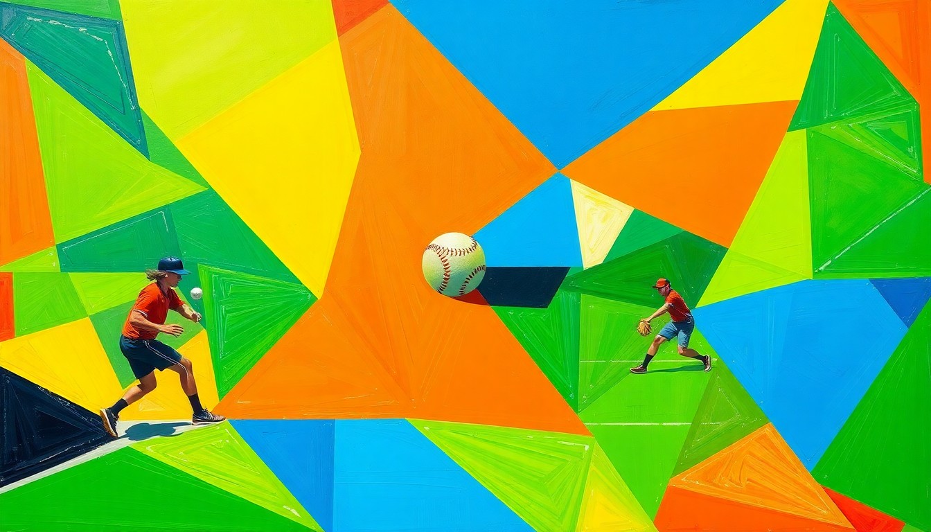A cubist, geometric painting depicting the dynamic action of a softball game, with the players and ball rendered as fragmented, overlapping shapes in a vibrant color palette.