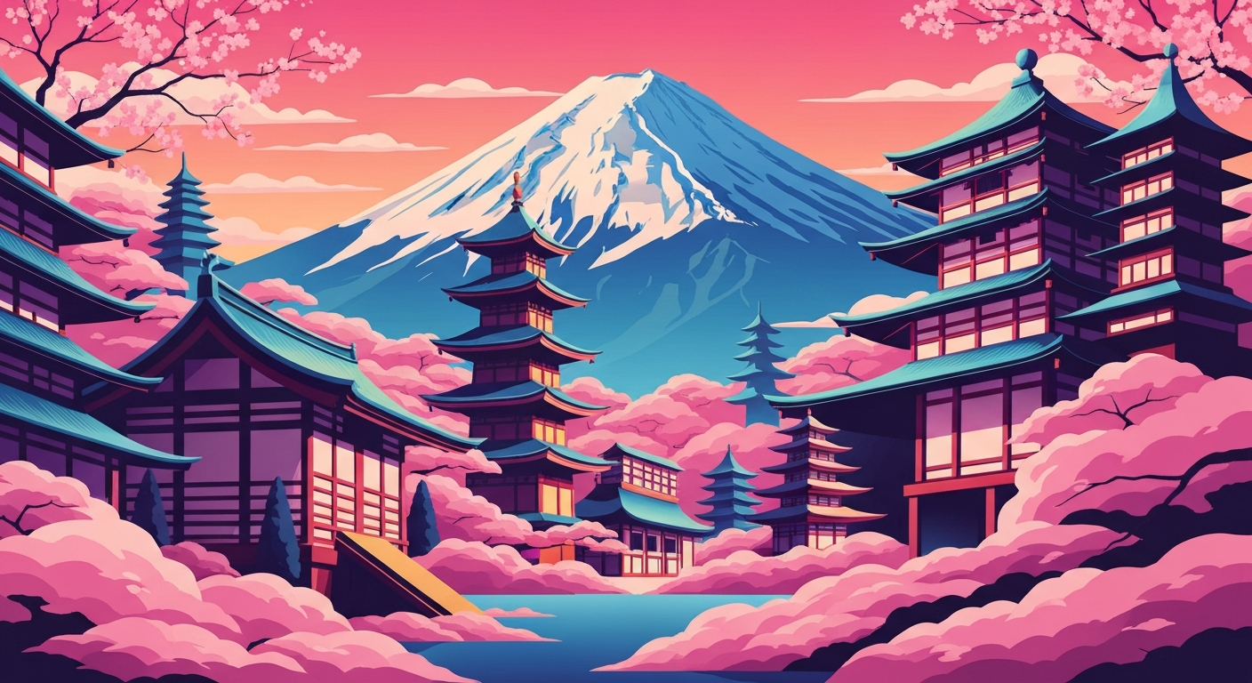 A bold, geometric illustration in shades of blue, pink, and gold depicting the grand scale and romantic allure of travel to Japan, without any literal depictions of people, places, or text.