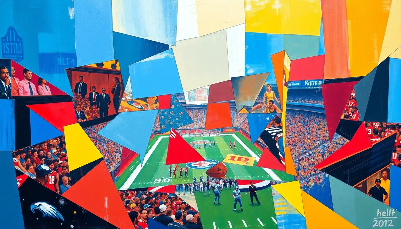 A fragmented, geometric painting in bold primary colors depicting an abstract football scene, representing the strategic considerations behind a potential trade between the San Francisco 49ers and Arizona Cardinals.