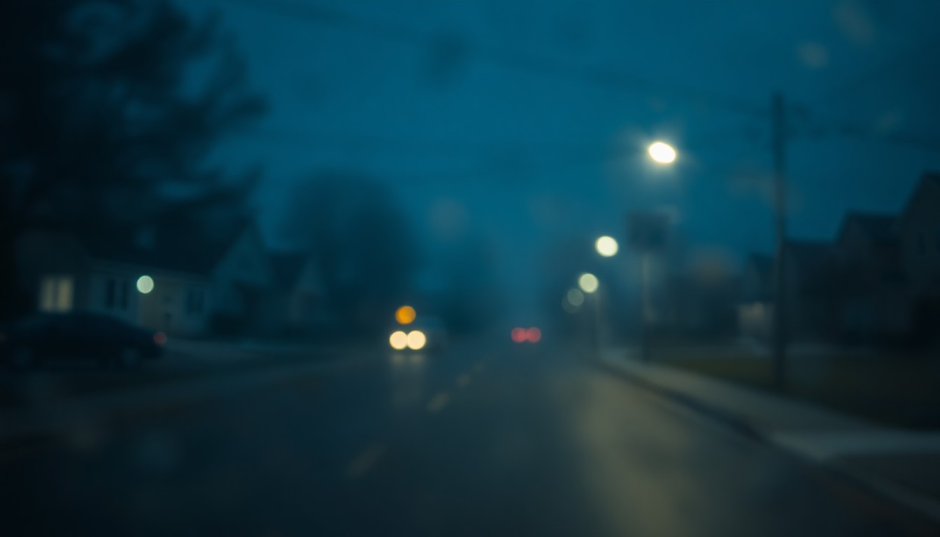 An extremely blurred, out-of-focus photograph depicting a dimly lit residential street in muted tones of blue, gray, and white, conveying a sense of isolation and the harsh realities of the ongoing water crisis in Arbutus, Maryland.