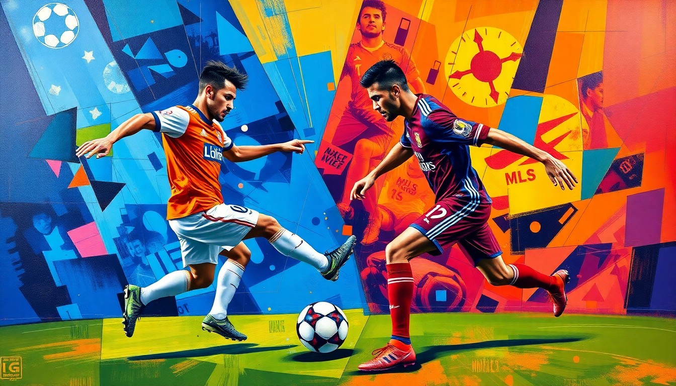 A fractured, cubist-style painting depicting the dynamic movement and energy of a soccer match, with players' forms broken down into sharp, overlapping geometric shapes in vibrant colors, conveying the excitement and potential impact of Neymar joining MLS.