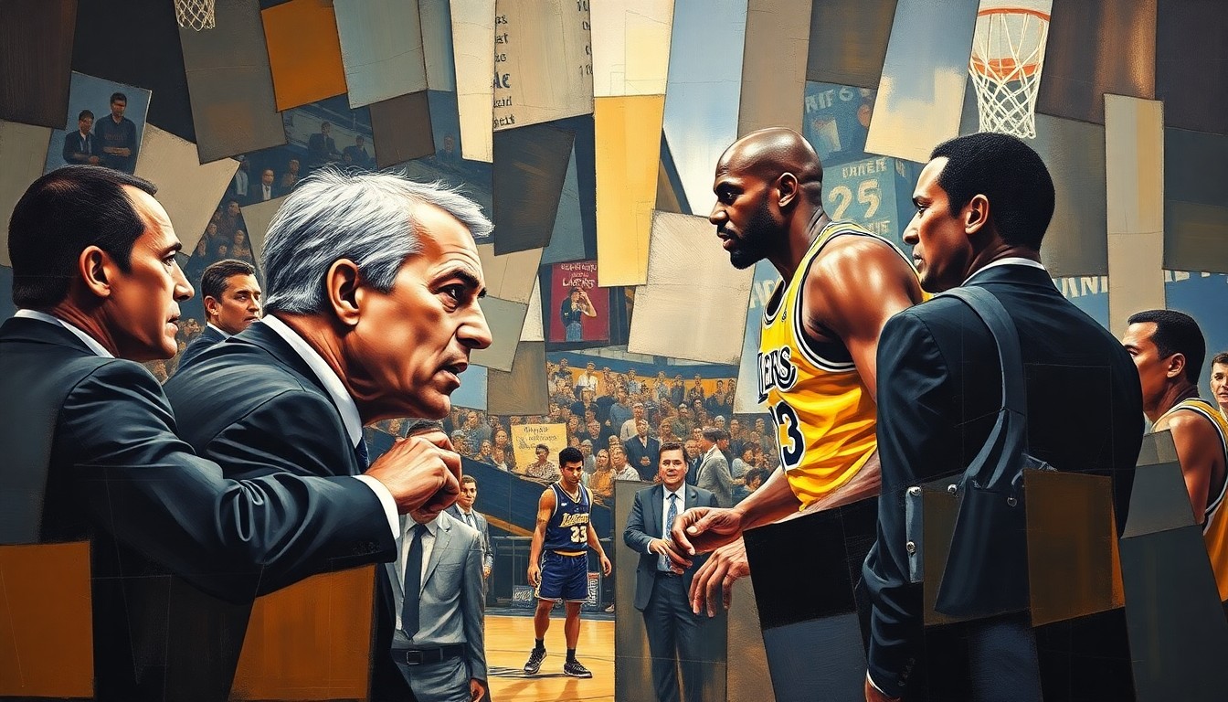 A fragmented, cubist-style painting depicting a heated interaction between two figures on a basketball court, the scene broken down into sharp, overlapping geometric shapes and planes of color, conveying the tension and complexity of the situation.