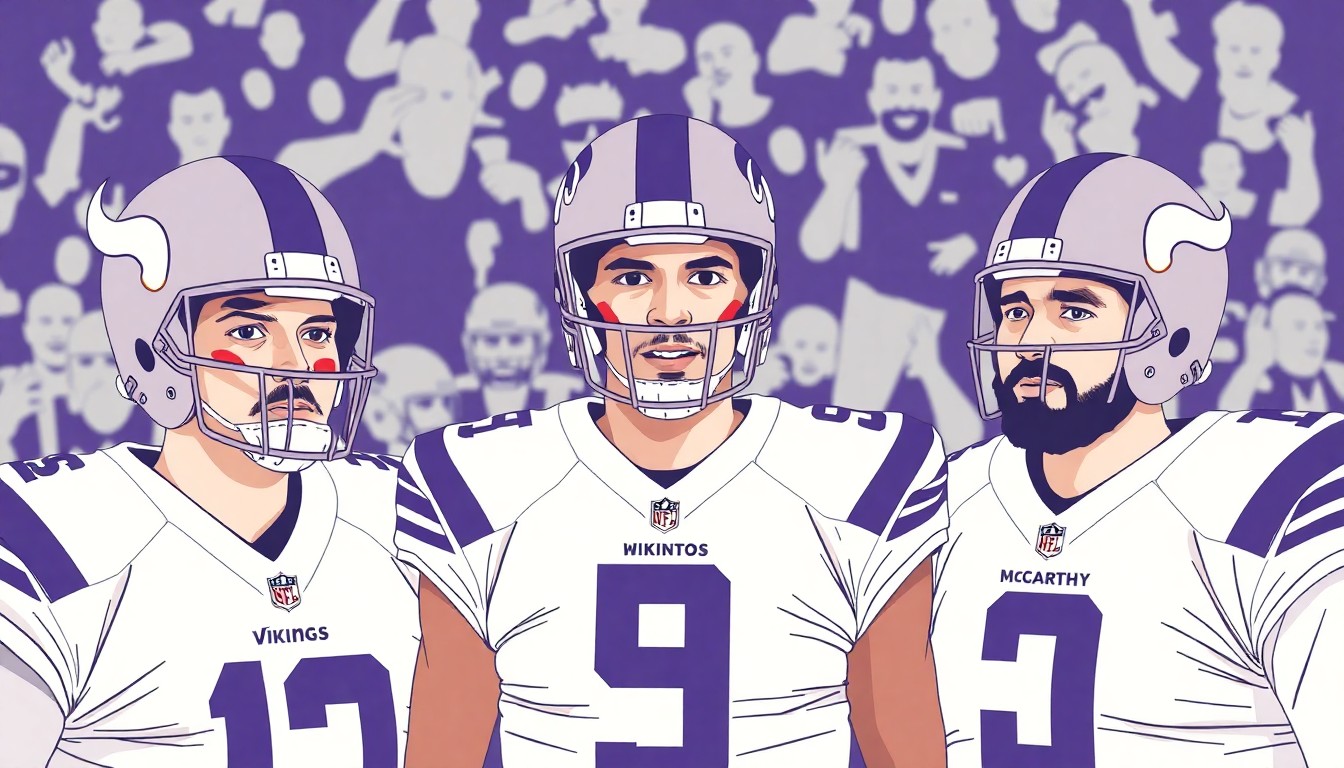 A fragmented, multi-perspective painting depicting the Vikings' quarterback room, with the players' forms broken down into sharp, overlapping geometric planes to represent the crowded competition for playing time.
