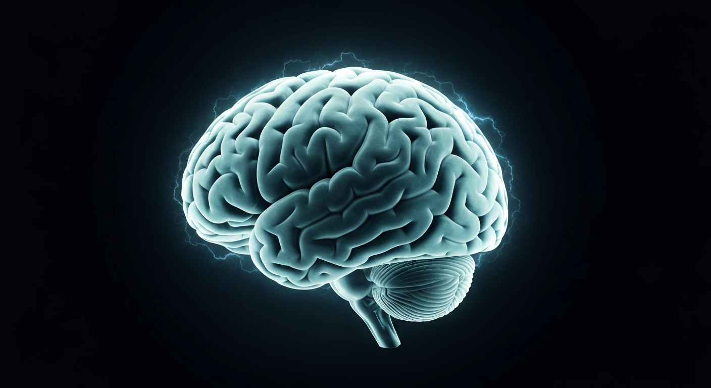 A minimalist, neon-outlined illustration of a human brain in shades of blue and green, conveying the complex, interconnected nature of mental health conditions revealed by the genetic study.