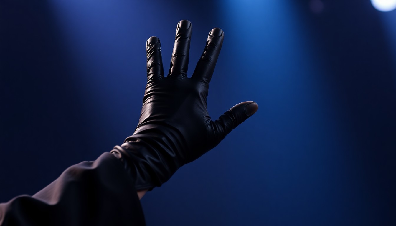 An extreme close-up of St. Vincent's black gloved hand gesturing expressively on stage, capturing the dramatic, high-contrast lighting and glamorous texture of the performance.